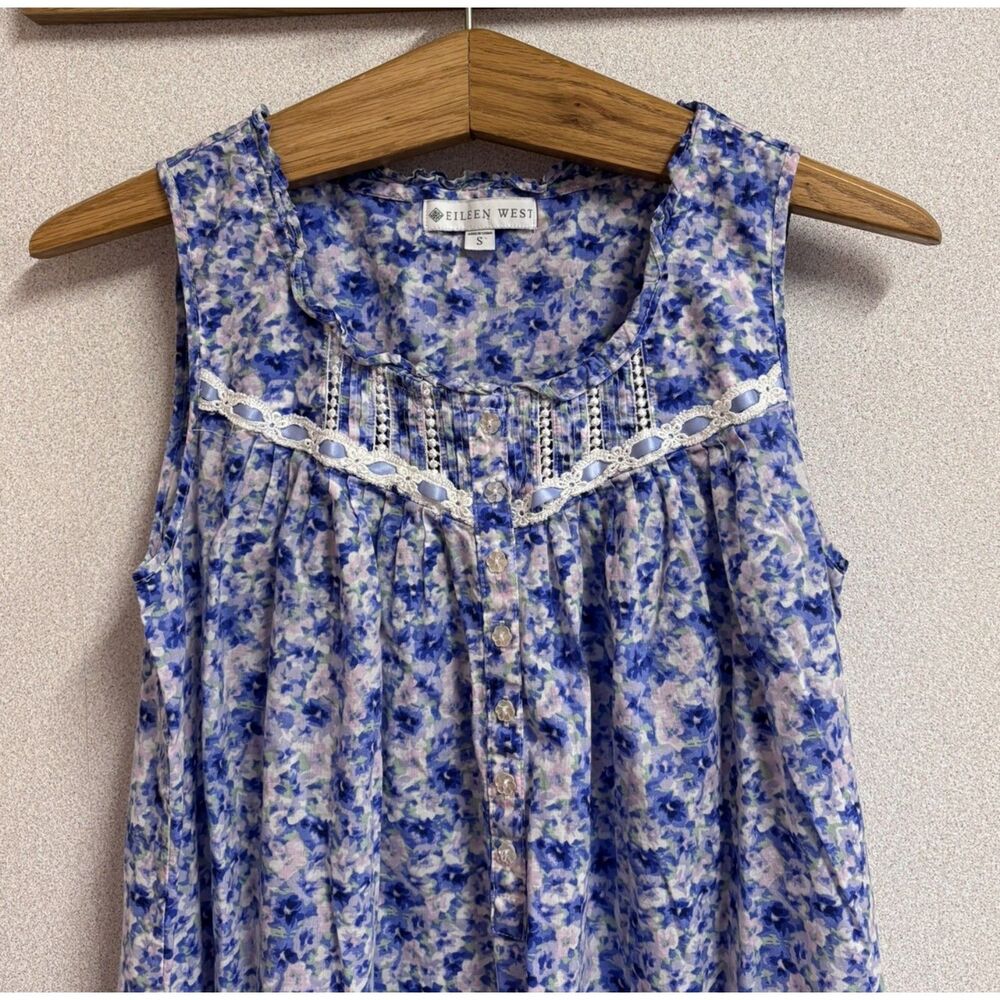 Eileen West Floral Cotton Nightgown Prairie Cottagecore Pintuck Lace Maxi Gown S - Picture 2 of 9